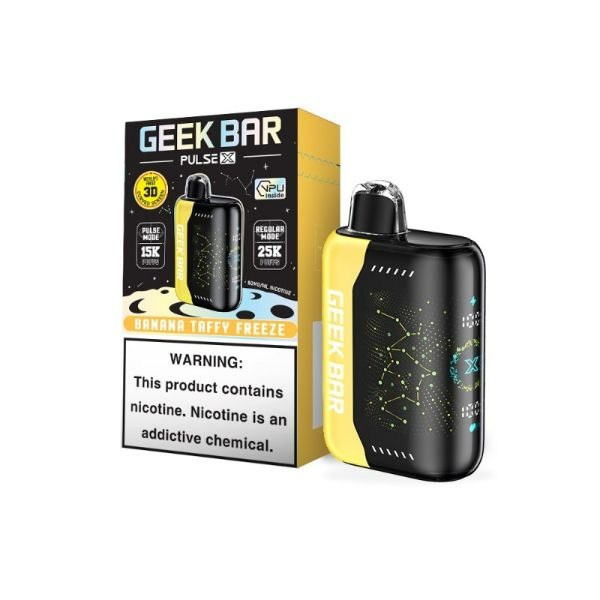 Geek Bar Pulse X 25K disposable vape standing upright, showing its front screen and mouthpiece