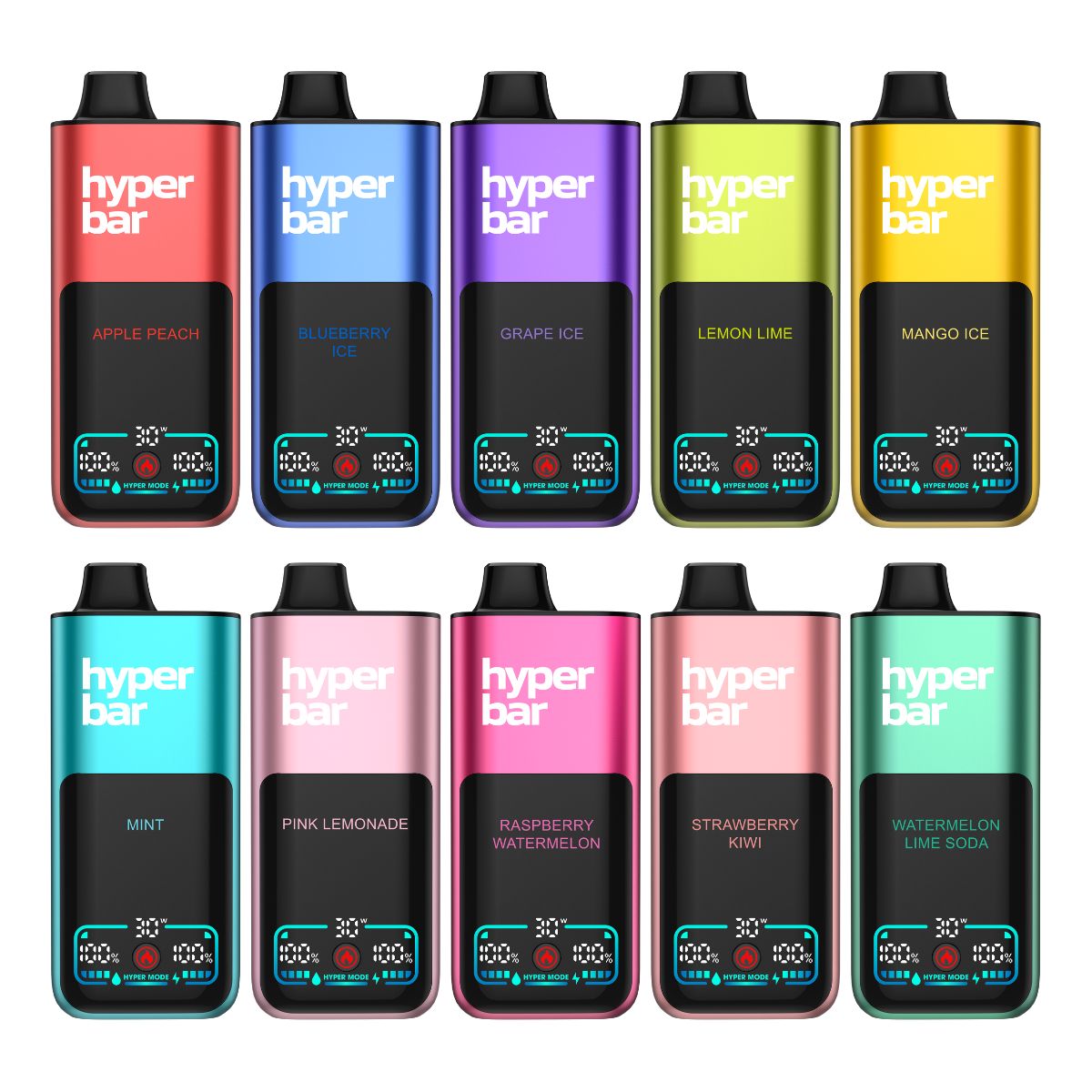 Ten HyperBar BE70K disposables in two rows, each in a different flavor color with the flavor name printed on the front and a status screen near the base