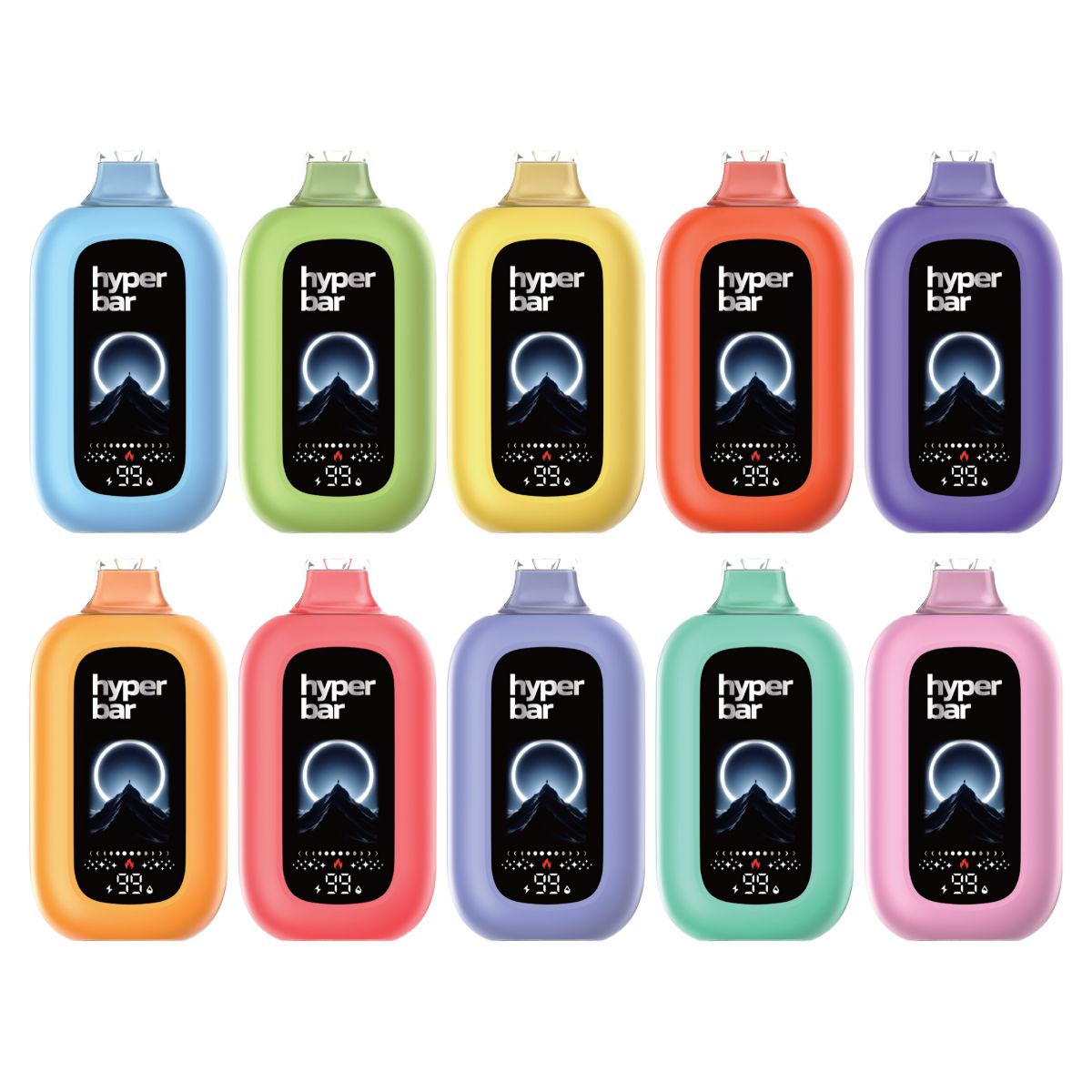 Ten HyperBar MX120K disposables in two rows, each a different flavor color with a clear mouthpiece and a front screen showing a mountain graphic and a battery readout