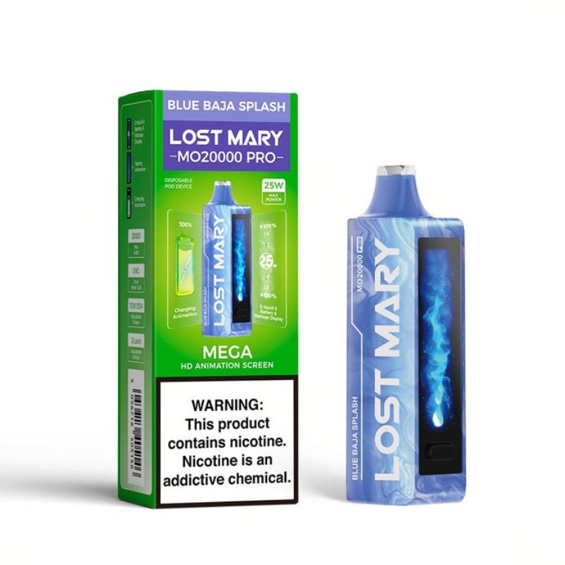 Lost Mary MO20000 Pro disposable vape, a rounded rechargeable disposable with a front display, shown upright on white