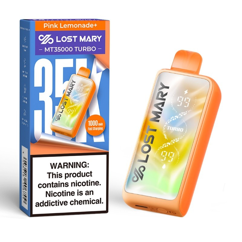 Lost Mary MT35000 Turbo disposable, upright on white, screen side facing the camera