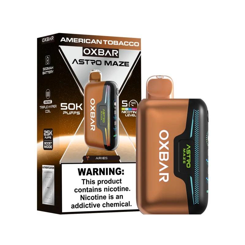 OxBar Astro Maze 50K Nic-Control disposable, upright on white, with its curved screen facing forward