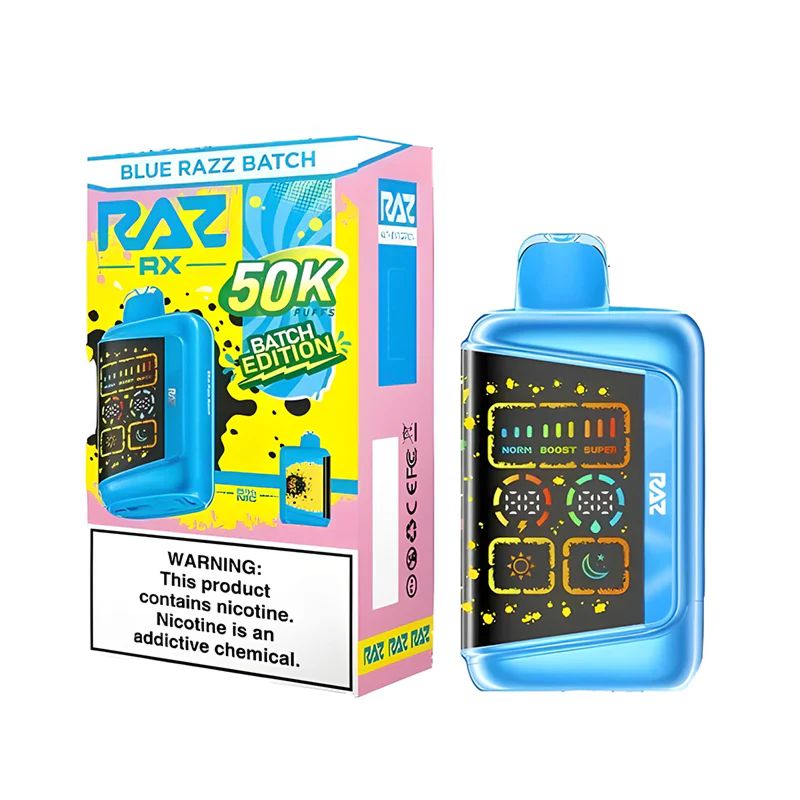 RAZ RX 50K disposable vape, an upright rectangular body with rounded edges, photographed on white