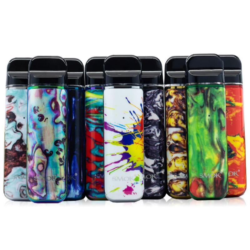 A group of SMOK Novo 2 pod kits standing upright, each in a different resin finish with the SMOK logo near the base and a black pod and mouthpiece on top