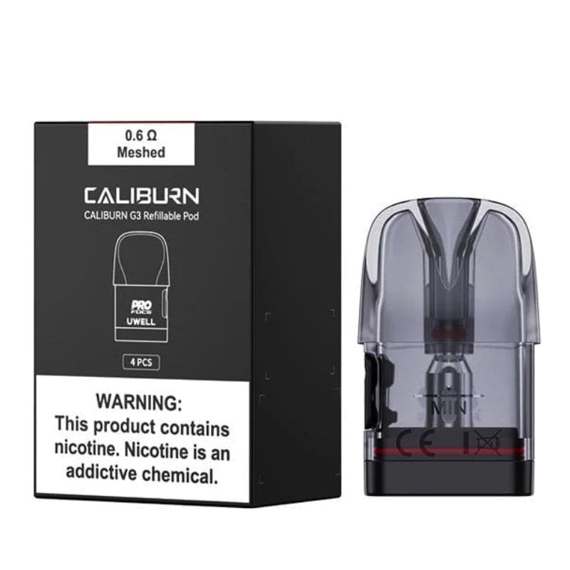 Uwell Caliburn G3 replacement pods, four clear pods with black mouthpieces in front of their retail pack